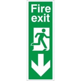 Fire Exit Arrow Down Sign with running man symbol and downward directional arrow