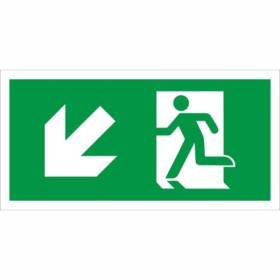 Fire exit symbol only sign with downward left directional arrow for emergency escape routes