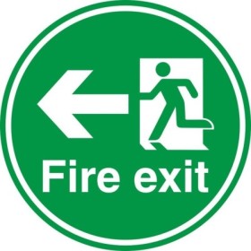 Fire exit left arrow floor safety sign with running man symbol