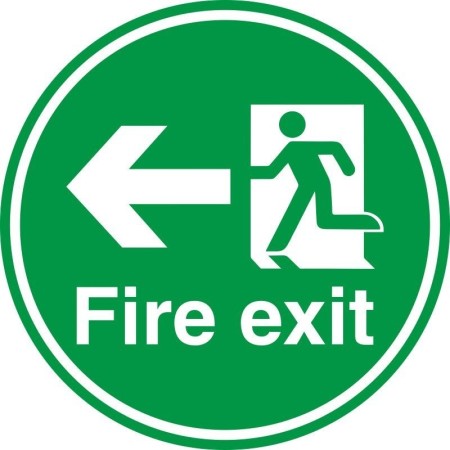 Fire exit left arrow floor safety sign with running man symbol