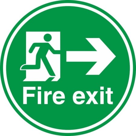 Fire exit right arrow floor safety sign with running man symbol