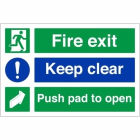 Fire exit keep clear push pad to open safety sign