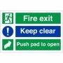 Fire exit keep clear push pad to open safety sign