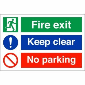 Fire exit keep clear no parking safety sign with emergency exit and prohibition symbols