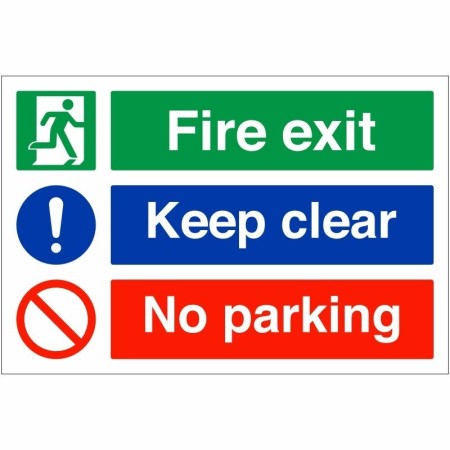 Fire exit keep clear no parking safety sign with emergency exit and prohibition symbols