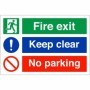 Fire exit keep clear no parking safety sign with emergency exit and prohibition symbols