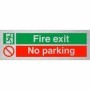  Brushed aluminium fire exit no parking sign with prohibition symbol.