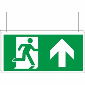 Double sided fire exit up hanging sign with running man symbol