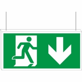 Double sided fire exit down hanging sign with running man symbol