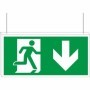 Double sided fire exit down hanging sign with running man symbol