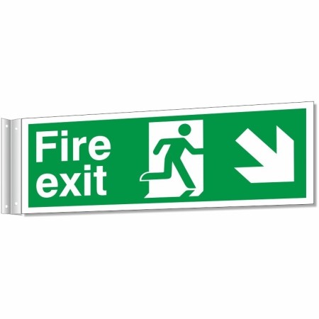 Fire exit sign with running man symbol and down right directional arrow