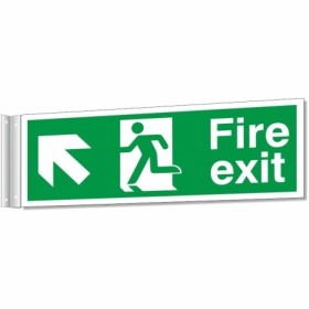 Fire exit corridor sign with running man symbol and up left directional arrow