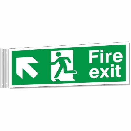 Fire exit corridor sign with running man symbol and up left directional arrow