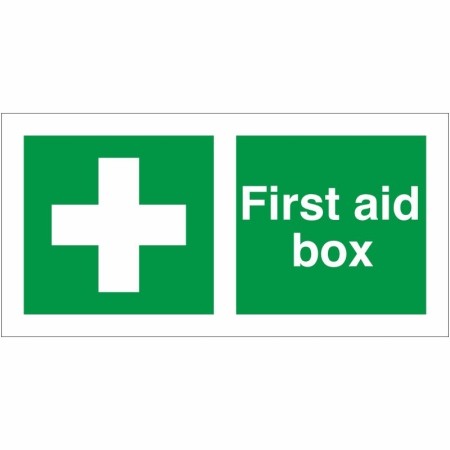 First Aid Box safety sign with white cross on green background