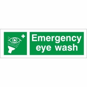 Emergency Eye Wash First Aid safety sign with eye wash symbol on green background