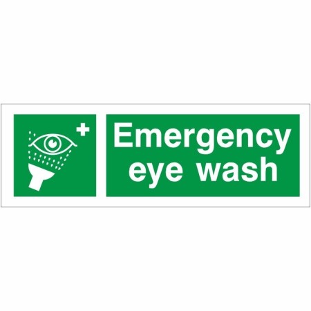 Emergency Eye Wash First Aid safety sign with eye wash symbol on green background