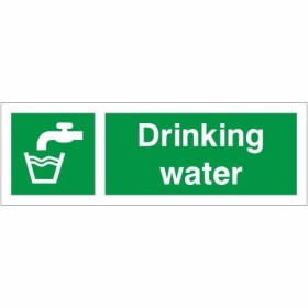Drinking Water First Aid safety sign with tap and water symbol on green background