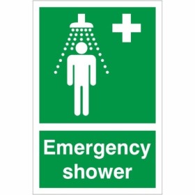 Emergency Shower First Aid safety sign with shower symbol on green background