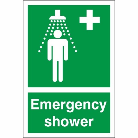Emergency Shower First Aid safety sign with shower symbol on green background