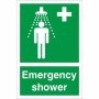 Emergency Shower First Aid safety sign with shower symbol on green background