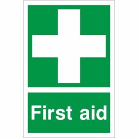 First Aid safety sign with white cross on green background