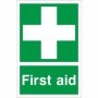 First Aid safety sign with white cross on green background
