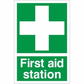 First Aid Station safety sign with white cross on green background