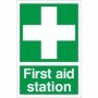 First Aid Station safety sign with white cross on green background