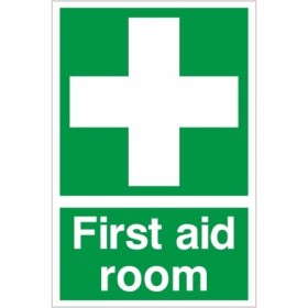 First Aid Room safety sign with white cross on green background