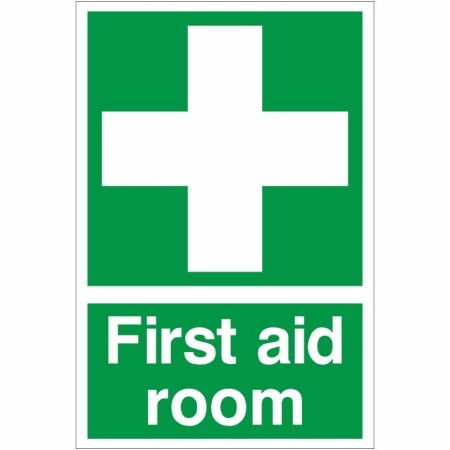First Aid Room safety sign with white cross on green background