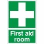 First Aid Room safety sign with white cross on green background
