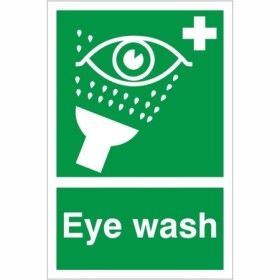 Eye Wash First Aid safety sign with emergency eye wash symbol on green background