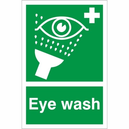Eye Wash First Aid safety sign with emergency eye wash symbol on green background