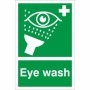 Eye Wash First Aid safety sign with emergency eye wash symbol on green background