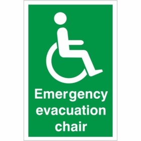 Emergency Evacuation Chair First Aid safety sign with wheelchair evacuation symbol on green background
