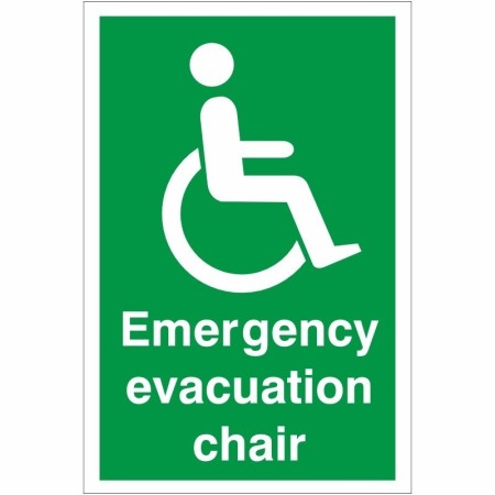 Emergency Evacuation Chair First Aid safety sign with wheelchair evacuation symbol on green background