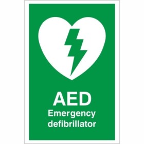 AED Emergency Defibrillator safety sign with heart and lightning symbol on green background