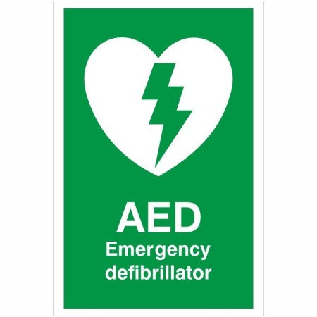 AED Emergency Defibrillator safety sign with heart and lightning symbol on green background