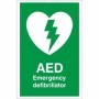 AED Emergency Defibrillator safety sign with heart and lightning symbol on green background