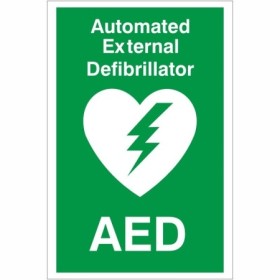 Automated External AED Defibrillator safety sign with heart and lightning symbol on green background