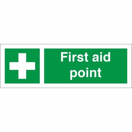 First Aid Point safety sign with white cross on green background