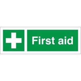 First Aid safety sign with white cross and green background