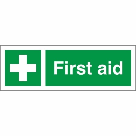 First Aid safety sign with white cross and green background