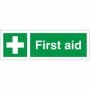 First Aid safety sign with white cross and green background
