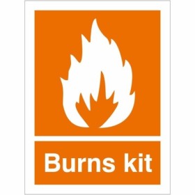 Burns Kit First Aid safety sign with flame symbol on orange background