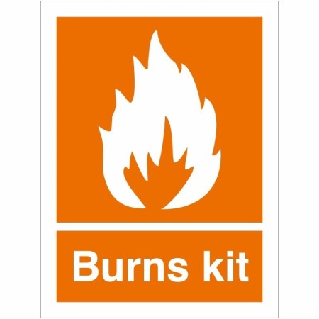 Burns Kit First Aid safety sign with flame symbol on orange background