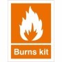 Burns Kit First Aid safety sign with flame symbol on orange background