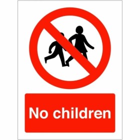 No Children prohibition safety sign with child symbol and red prohibition circle