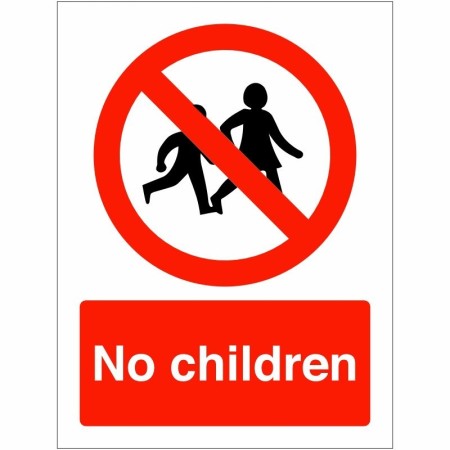 No Children prohibition safety sign with child symbol and red prohibition circle
