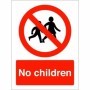 No Children prohibition safety sign with child symbol and red prohibition circle